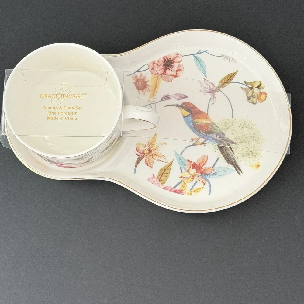 Grace Teaware Sandwich Snack Tray / Cup Spring Flowers Hummingbird Set NEW